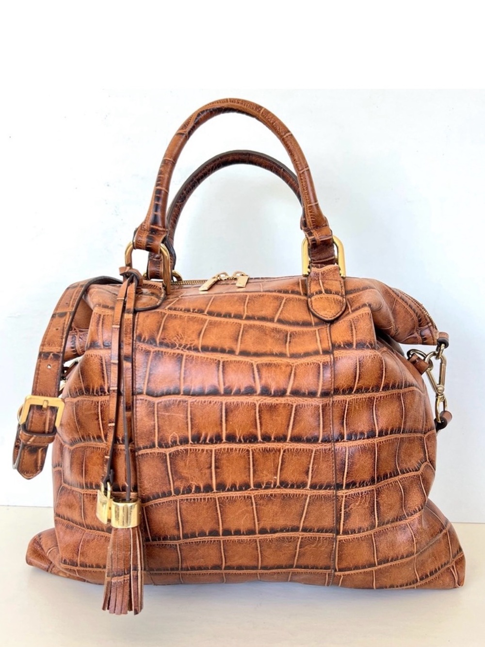 G.I.L.I Tan Brown Croc Embossed Leather Top Handle Handbag Shoulder Bag Satchel